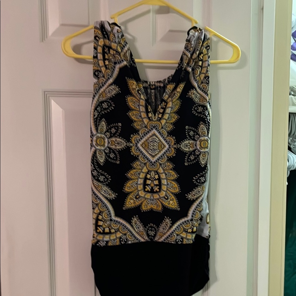 Cache Black and Cream Geometric Pattern Tank Top